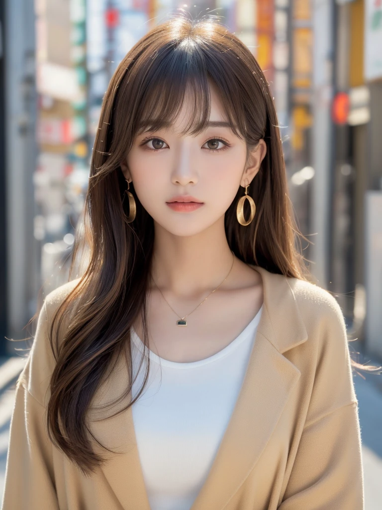  ((Highest quality, 8K, masterpiece:1.3)), concentrate: 1.2, Perfect body beauty: 1.4, Hips: 1.2, ((Long Hair, chest: 1.2)), (Dry clothes: 1.1) , (clear, Simple Background:1.3), Simple clothes: 1.1, Highly detailed face and skin texture,Delicate eyes, double eyelid, Whitened skin, Rough skin、Long Hair、Earrings with bangs、necklace、 solo、Beige coat、White shirt,  (((Beautiful girl with cute Japan)))、  ((Beautiful Japanese girl 20 years old))、 ((Baby Face))、 (((Slender body)))、  Upper Body，Face focus、necklace，Simple Background，From above， Realistic Hair、 A photograph was taken:Canon EOS R6、135mm、1/1250 seconds、f2.8、ISO400、(Detailed explanation of the hand)、(Masseter muscle area)、(Exquisite CG)、Long Hair, loose and curly hair、Korean Hair、Long Hair明るいベージュ色、グラデーションハイライトグレージュのゆるふわLong Hairスタイル、