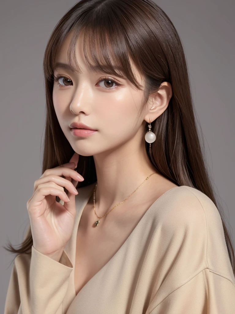 ((Highest quality, 8K, masterpiece:1.3)), concentrate: 1.2, Perfect body beauty: 1.4, Hips: 1.2, ((Long Hair, chest: 1.2)), (Dry clothes: 1.1) , (clear, Simple Background:1.3), Simple clothes: 1.1, Highly detailed face and skin texture,Delicate eyes, double eyelid, Whitened skin, Rough skin、Long Hair、Earrings with bangs、necklace、 solo、Beige coat、White shirt, (((Beautiful girl with cute Japan)))、 ((Beautiful Japanese girl 20 years old))、 ((Baby Face))、 (((Slender body)))、 Upper Body,Face focus、necklace,Simple Background,From above, Realistic Hair、 A photograph was taken:Canon EOS R6、135mm、1/1250 seconds、f2.8、ISO400、(Detailed explanation of the hand)、(Masseter muscle area)、(Exquisite CG)、Long Hair, loose and curly hair、Korean Hair、Long Hair明るいベージュ色、グラデーションハイライトグレージュのゆるふわLong Hairスタイル、