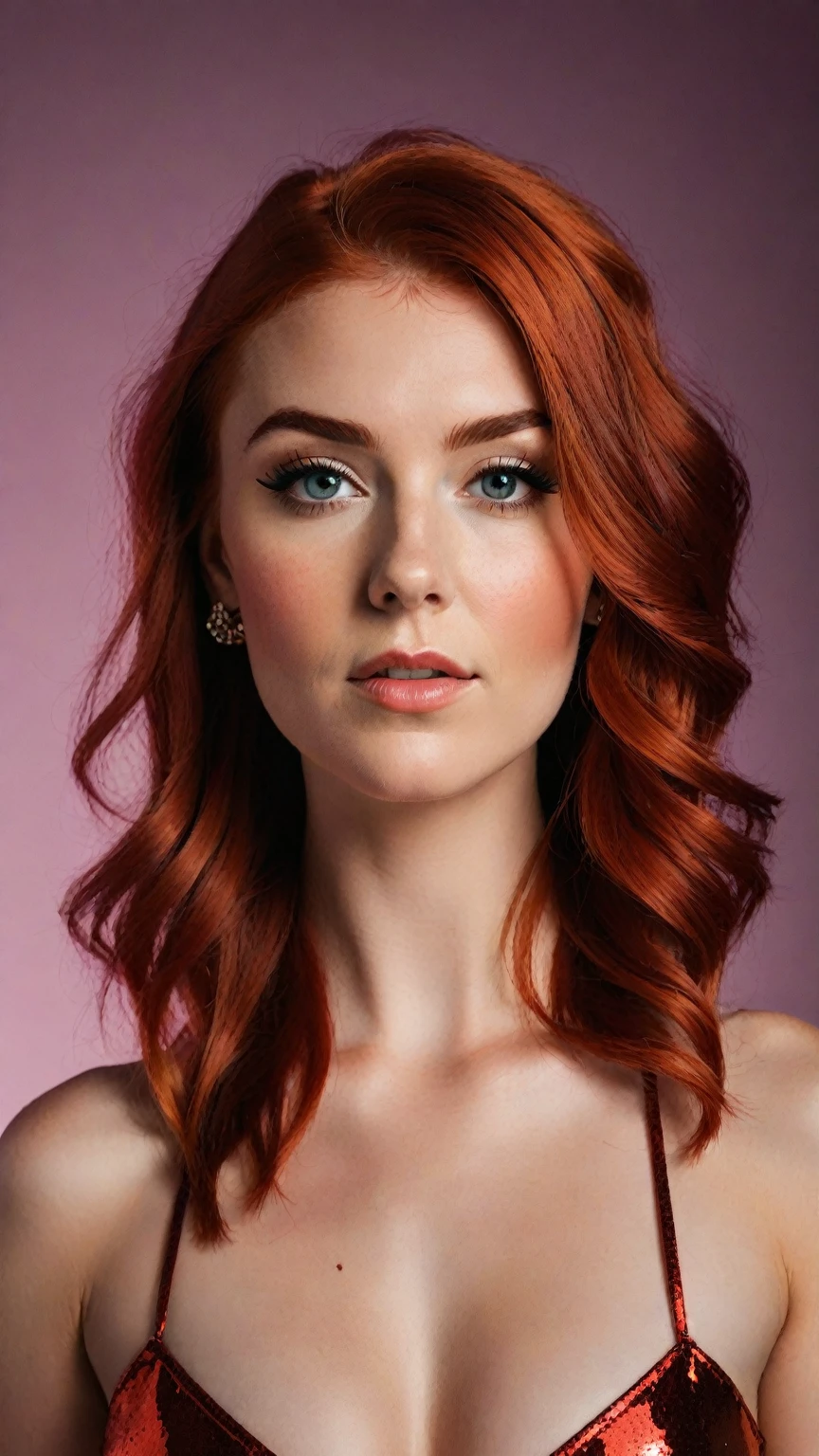 1girl, portrait of Mandy Lee, lead singer of pop group MisterWives, wide face, fiery red hair, freckled skin, flat wide nose, perfect breasts, flat toned abdomen with belly button, ultra-detailed, (best quality,4k,8k,highres,masterpiece:1.2),ultra-detailed,(realistic,photorealistic,photo-realistic:1.37), pop art style, vibrant colors, dramatic studio lighting
