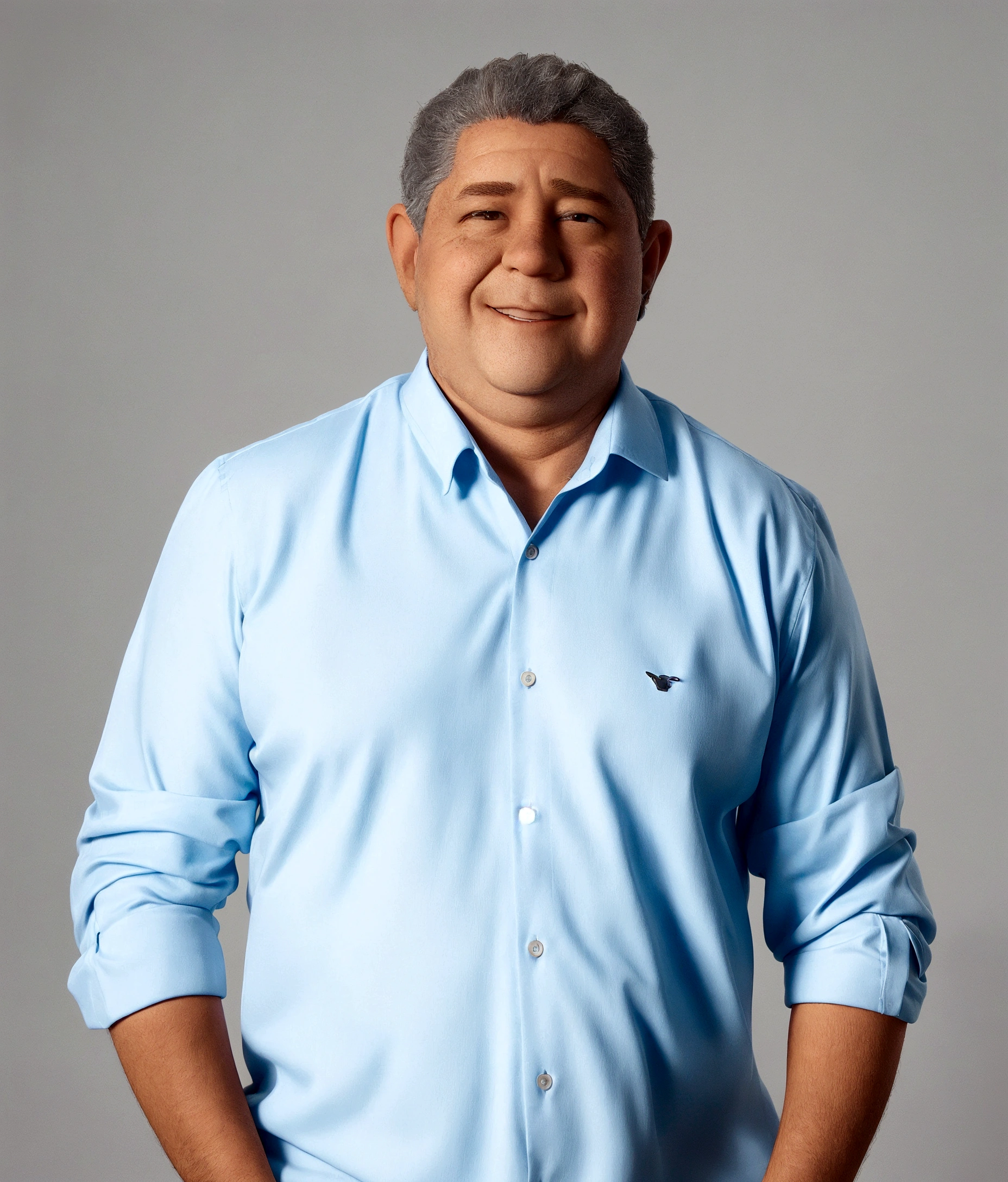 man, very short hair, a little gray, a little fat, with a blue dress shirt