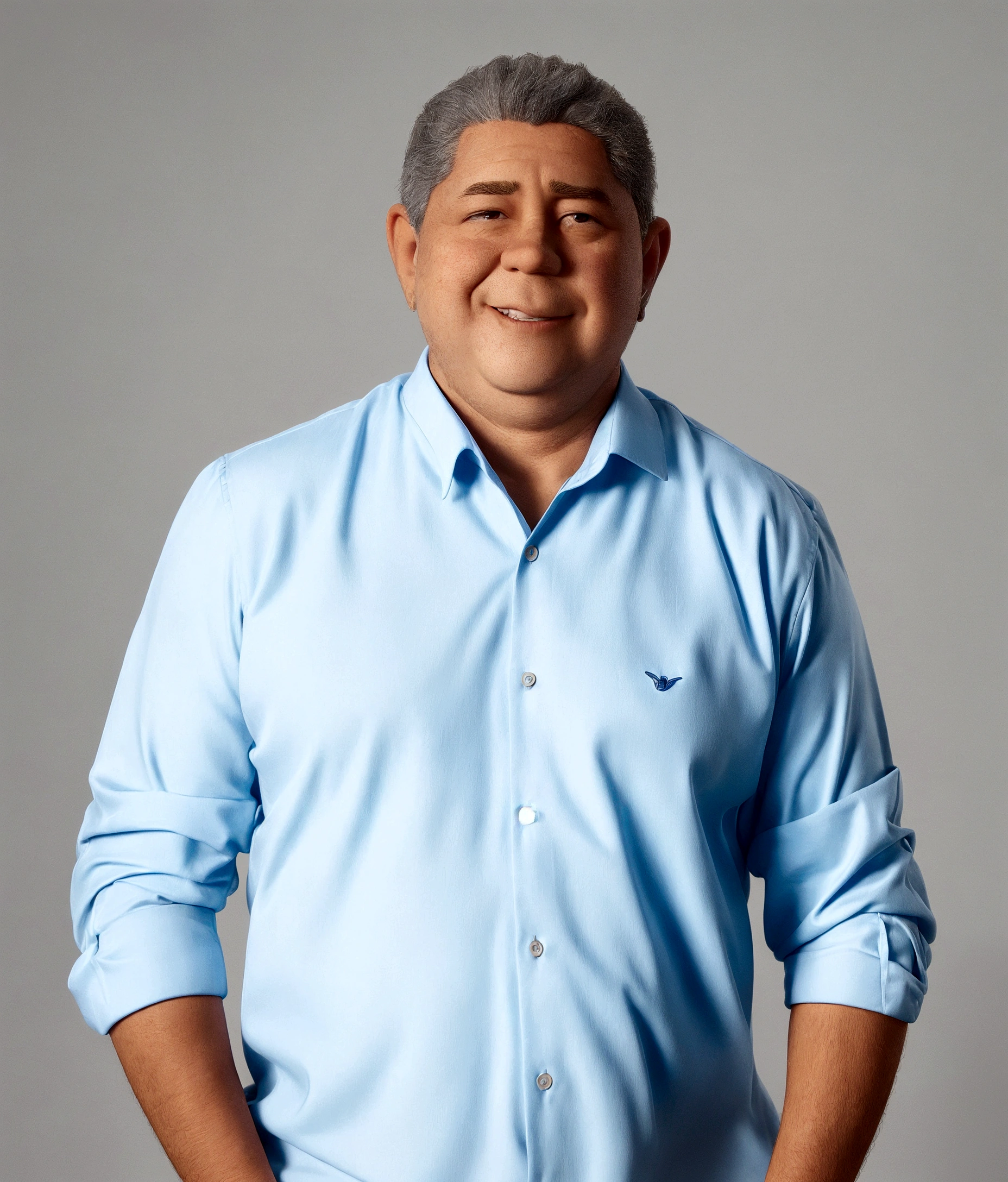 man, very short hair, a little gray, a little fat, with a blue dress shirt