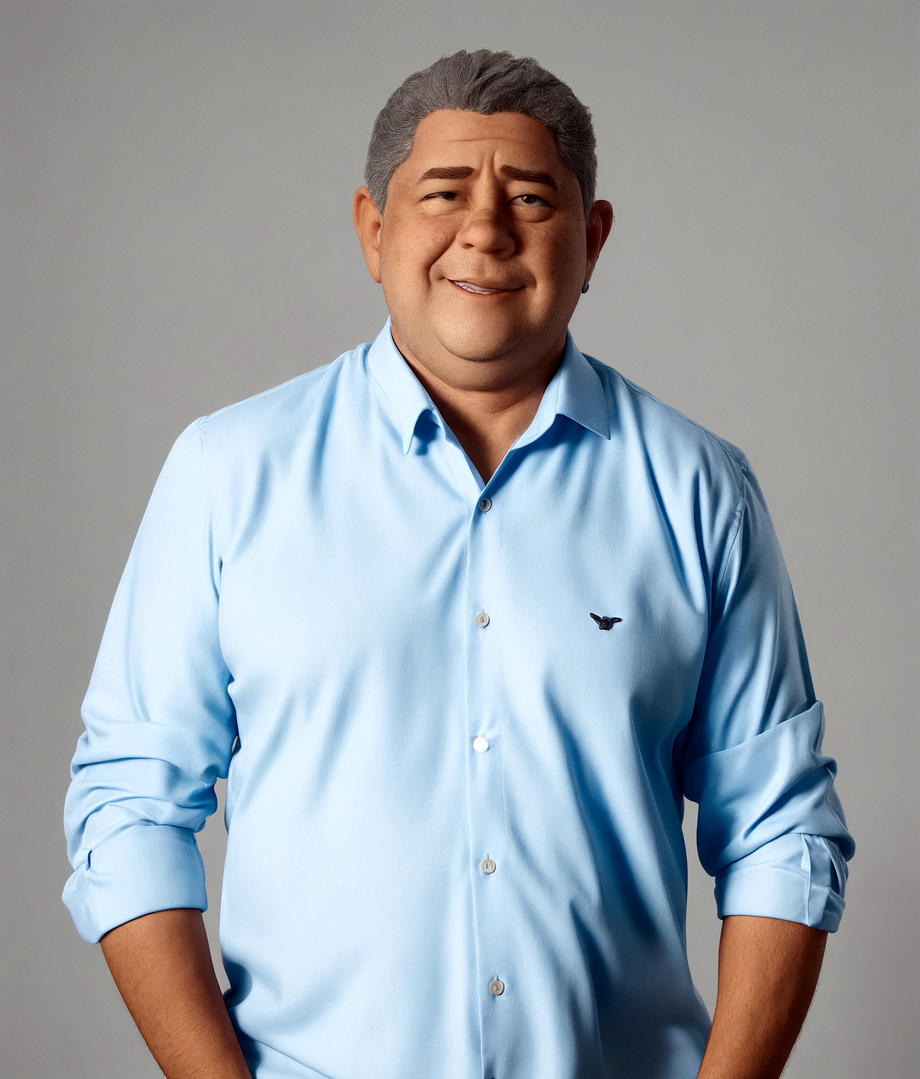 man, very short hair, a little gray, a little fat, with a blue dress shirt