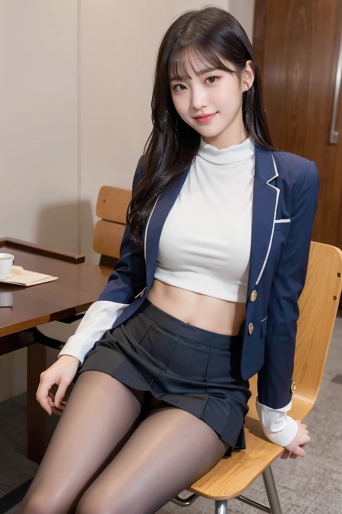 (8k), (highest quality: 1.2), (Realistic), (Realistic: 1.37), Ultra-high resolution, 1 girl, cute, Shiny skin,Blushing,smile, Mouth closed, Beautiful details, Beautiful Nose, whole body, Wet Hair, Giant Dulcefo, pork,Navel exposed,University Student Uniform,A simple blazer,Pleated skirt,Sit on a chair, shiny pantyhose 