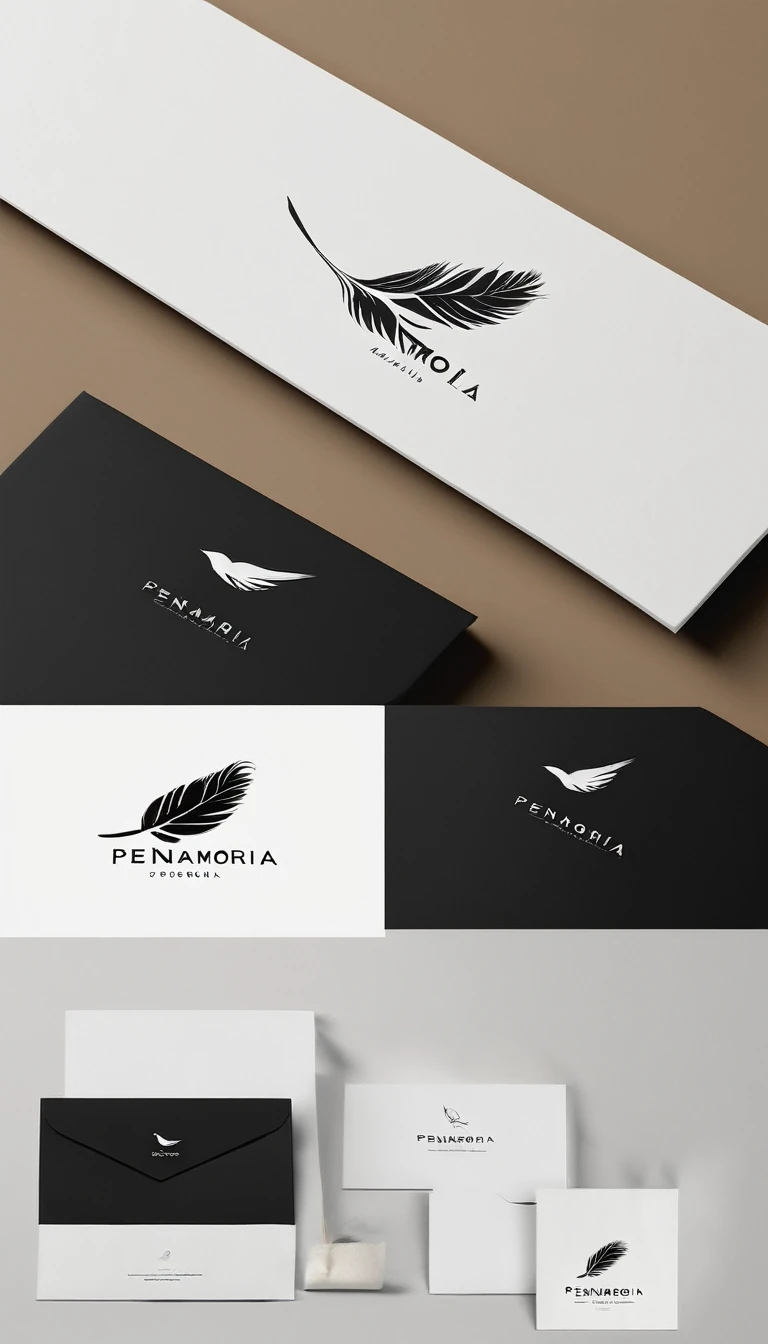 A minimal, modern, simple, cinematic logo design for the brand “Penamemoria". Create a modern, minimalistic, high-quality, logo of a bird feather