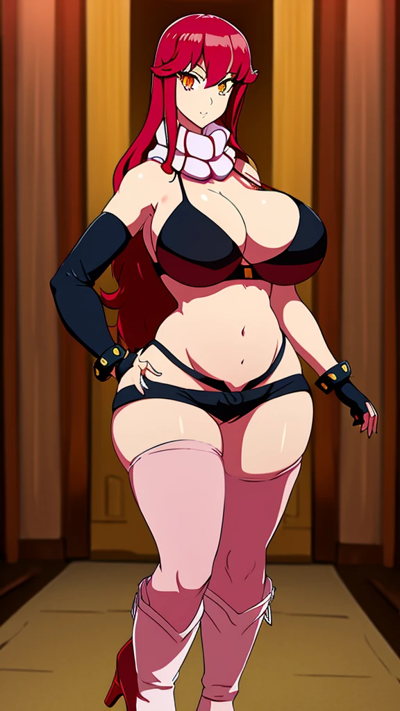 a girl princess tall sexy big breast pretty beauty attractive long red hair round her yellow eye shine pink scarf wide neck dresses beautiful black bra shape red flames shows navel curve wide sexy and a black thong thighs sensual wears black boot big long military black gloves
