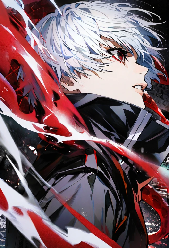 ```
ken kaneki, Tokyo Ghoul,White hair, black outfit, half-ghoul, serious expression, red kakugan eye, kagune tentacles, detailed face, high quality、Uplifting、Cold-like sensation、masterpiece、Fighting spirit、cool、Sharp Eyes、Wave Attack
```