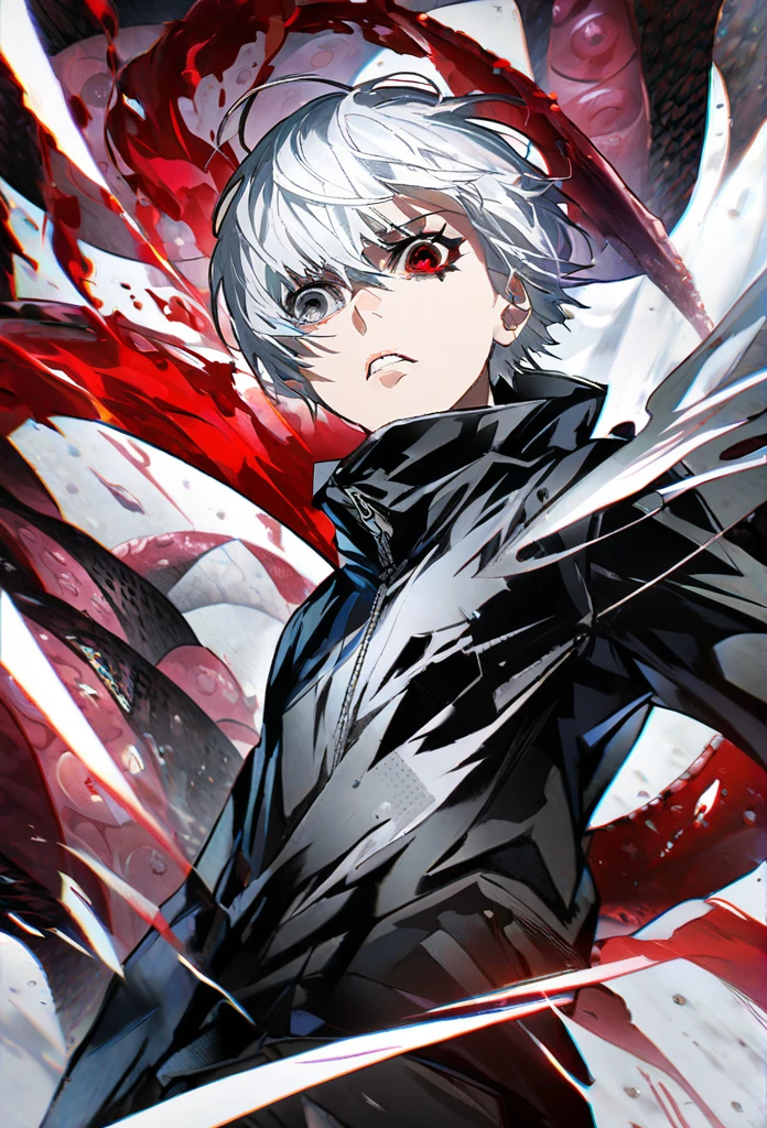 ```
ken kaneki, Tokyo Ghoul,White hair, black outfit, half-ghoul, serious expression, red kakugan eye, kagune tentacles, detailed face, high quality、Uplifting、Cold-like sensation、masterpiece、Fighting spirit、cool、Sharp Eyes、Wave Attack
```