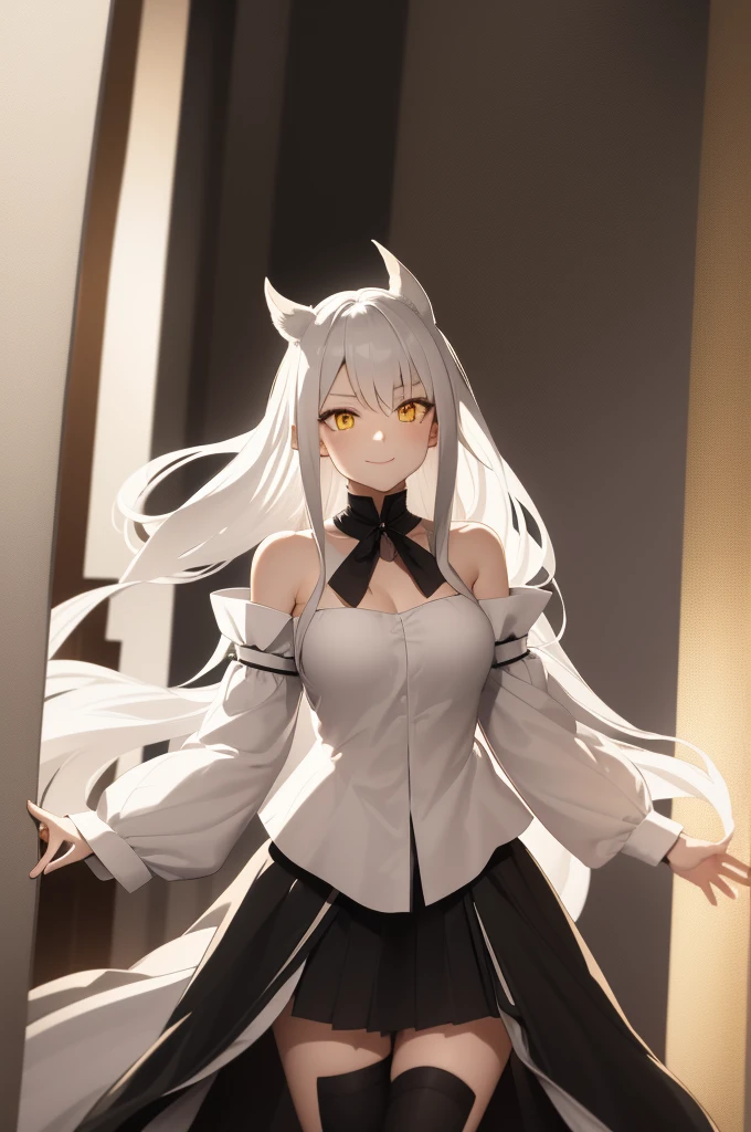 1 girl, One, flowing long hair, yellow eyes, White hair, bare shoulders, skirt, breast, cut off sleeves, long sleeves, hair flaps, closed mouth, black skirt, shirt, pointed ears, smile,