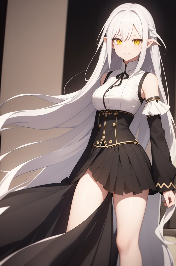 1 girl, One, flowing long hair, yellow eyes, White hair, bare shoulders, skirt, breast, cut off sleeves, long sleeves, hair flaps, closed mouth, black skirt, shirt, pointed ears, smile,