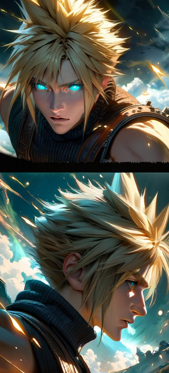 Symetrical,absurdres, highres, ultra detailed, HDR, masterpiece, extremely detailed face and eyes, Cloud Strife,final fantasy 7, yellow hair , , solo, man, handsome, ,, , Epic fight scene, yellow lightning effect, glowing glitters, symetrical 