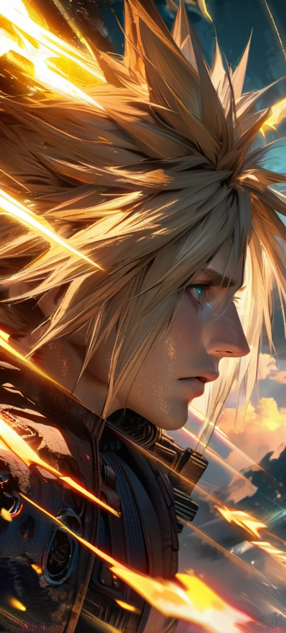 Symetrical,absurdres, highres, ultra detailed, HDR, masterpiece, extremely detailed face and eyes, Cloud Strife,final fantasy 7, yellow hair , , solo, man, handsome, ,, , Epic fight scene, yellow lightning effect, glowing glitters, symetrical 