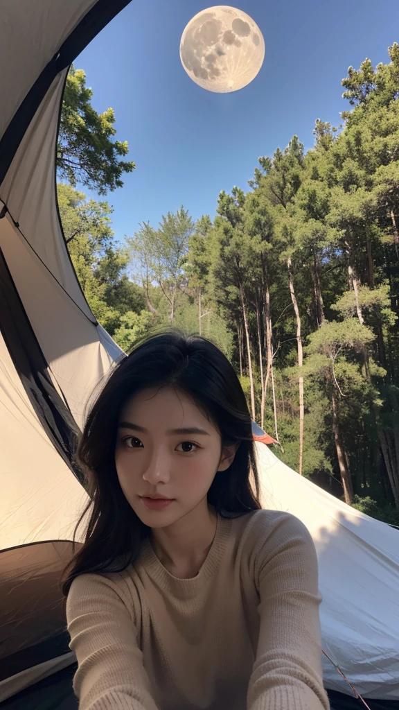 1 woman, Korea people, beautiful, black hair,((upper body selfie, happy)), Shooting in a tent, wearing a bikini, beautiful 역광, Tent Open Sign,masterpiece, best quality, overly detailed, alone, Exterior, (night), mountain, nature, (star, moon) cheerful, satisfied,, Lie comfortably in your sleeping bag, inside the tent, When I open the tent, You can see pretty riders outside.., forests, rock formation, descent, forest, performance, Shady, contrast, clear sky, analog style (look up at the viewer:1.2) (skin texture) (film grain: 1.3), (Warm shade, warm tone:1.2), enlargement, cinematic light, side lights, ultra high resolution, best shadow, ..raw, bust, wearing a pullover, Relaxed and intimate photos, black hair,