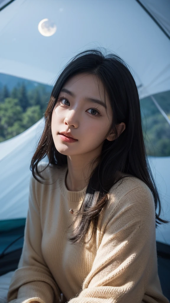 1 woman, Korea people, beautiful, black hair,((upper body selfie, happy)), Shooting in a tent, wearing a bikini, beautiful 역광, Tent Open Sign,masterpiece, best quality, overly detailed, alone, Exterior, (night), mountain, nature, (star, moon) cheerful, satisfied,, Lie comfortably in your sleeping bag, inside the tent, When I open the tent, You can see pretty riders outside.., forests, rock formation, descent, forest, performance, Shady, contrast, clear sky, analog style (look up at the viewer:1.2) (skin texture) (film grain: 1.3), (Warm shade, warm tone:1.2), enlargement, cinematic light, side lights, ultra high resolution, best shadow, ..raw, bust, wearing a pullover, Relaxed and intimate photos, black hair,