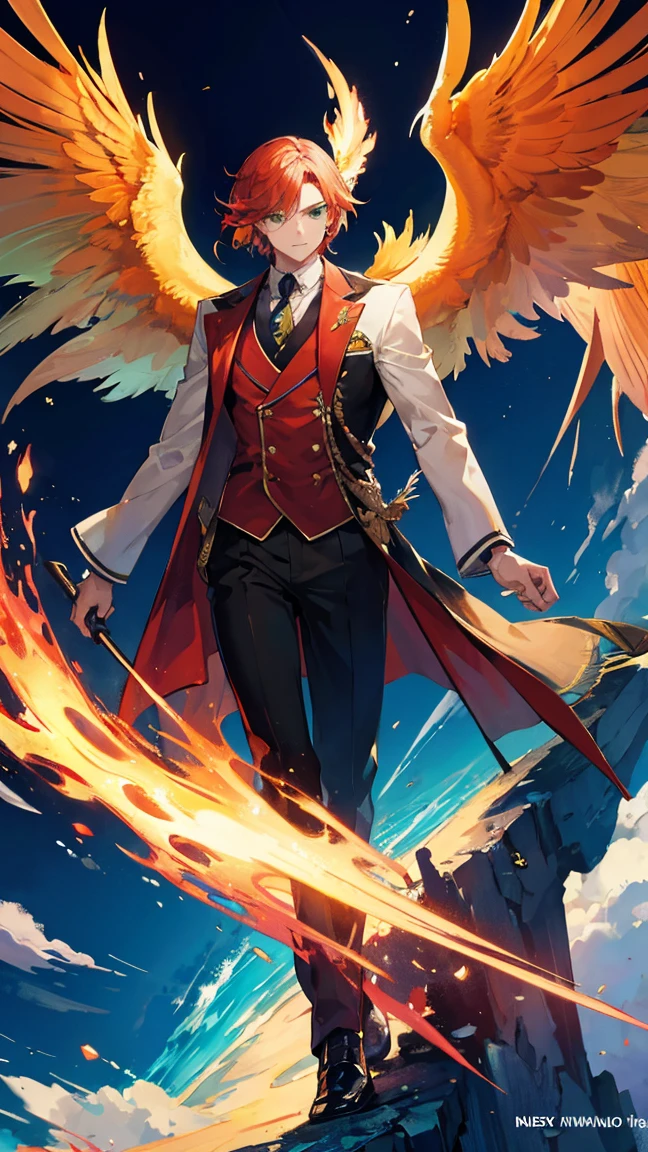 Masterpiece,best quality,Very detailed 8K wallpaper.,male phoenix,Put on an island suit.,green eyes