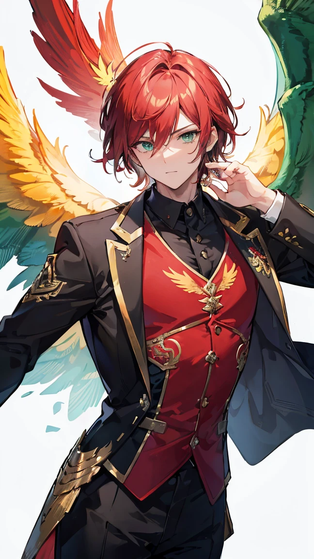 Masterpiece,best quality,Very detailed 8K wallpaper.,male phoenix,Put on an island suit.,green eyes