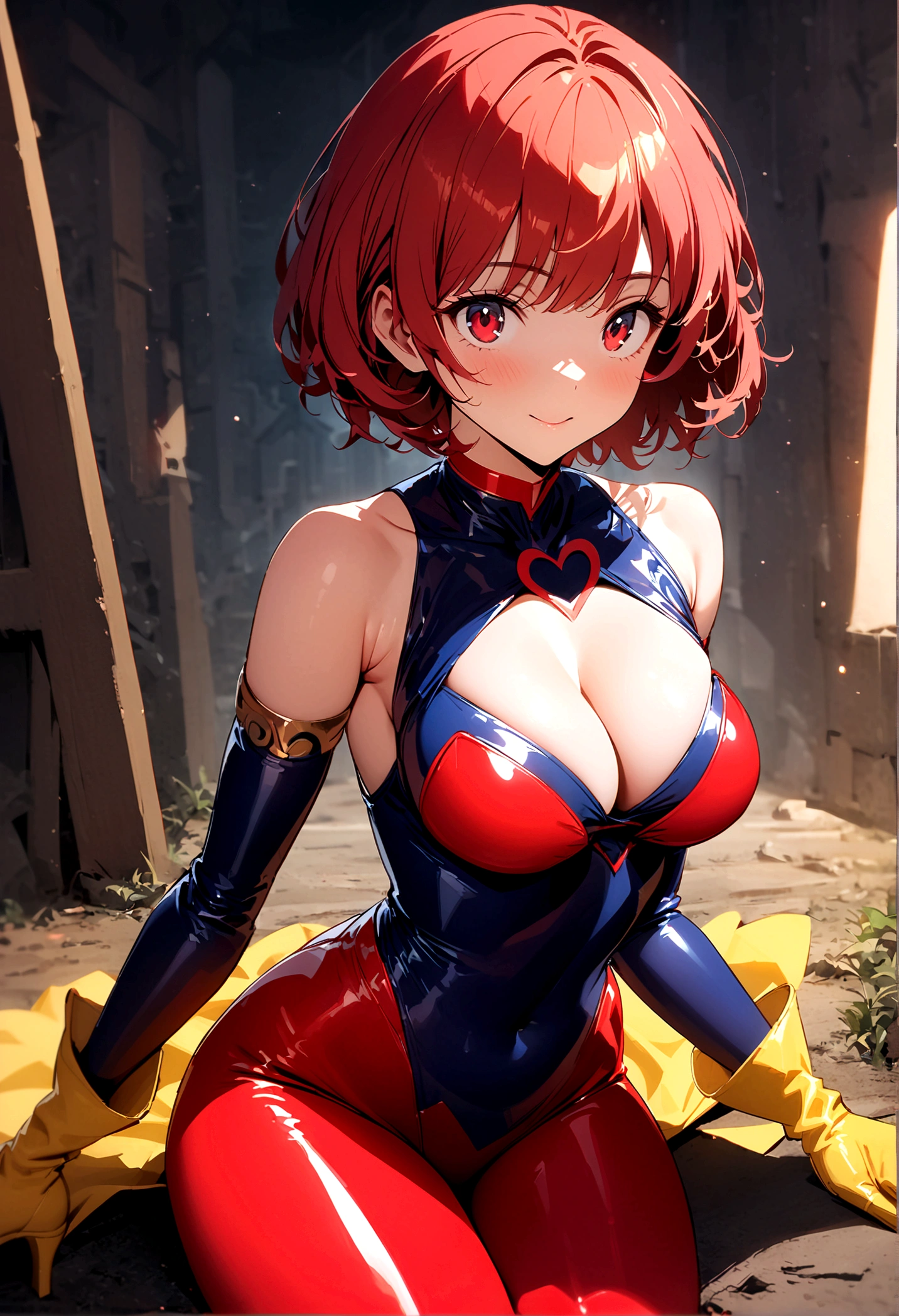 ((Masterpiece, top quality, high resolution)), ((highly detailed CG unified 8K wallpaper)), (huge stunning goddess shot, very hot and sexy, jaw-dropping beauty, perfect proportions, beautiful body, slim body beauty:1.1), 1 woman, 22 yo, (cutie honey, Red hair, short hair, big eyes, Detailed face and eyes, staring at camera:1.3), (Blue and red tight suits, Detailed latex suit, glossy, blue tops, Red from belly to legs, Detailed, midrift top, cleavage cutout, cleavage, bare shoulders, bare backs, choker with heart symbol, yellow gloves, elbow gloves, yellow  boots, long boots, armlet:1.5), Action poses, dynamic composition, smile, 