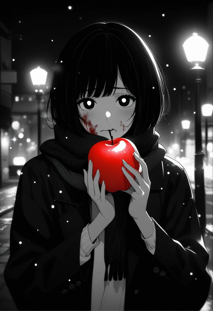 masterpiece, best quality, 1girl, momose_(oqo) official art, grayscale, manga style, japanese, chi no wadachi, black eyes, glowing white pupils, street, iced, black hair, schoolbag, lineart, looking at viewer, blood on face, black coat, black scarf, 35 years old, mature_female:1, tall, fair skinned, bokeh background, bob cut, light particles, centered, snowing, emotional anime scene, scenery, outdoors, (very aesthetic, best quality, ultra detailed), intricate details, red and blue lights flashing, cool, soleless, emotionless, tired, taking a bite out of a shiny red apple, eating apple, holding apple to lips, holding, street lamp, surrounded by darkness, stars in the sky, biting, full shot, sidewalk