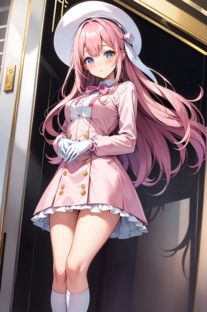 Highest quality、Elevator Girl、Shiny pink silk jacket、White blouse with big ribbon、Round collar、Micro Mini Skirt、Tight Skirt、A small round hat with a ribbon、Skinny、White gloves、White over-the-knee socks、Flushed Cheeks、Embarrassed look、Big Breasts、Hold the skirt with your hands、Low - Angle