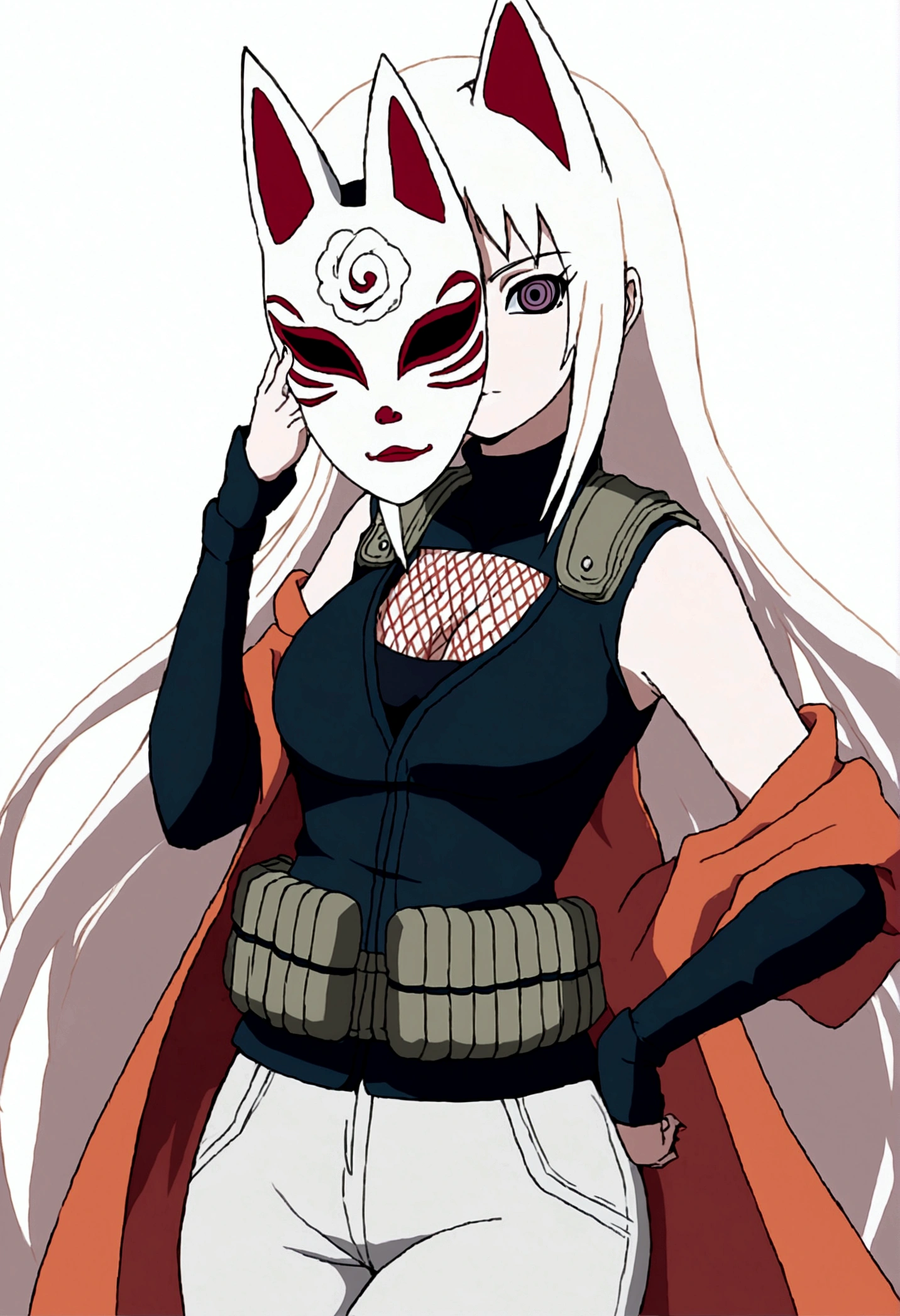 a tall slender woman, long white hair, holding a kitsune mask, green konoha vest, melancholic gaze, anime naruto style, 2D, kishimoto lineart