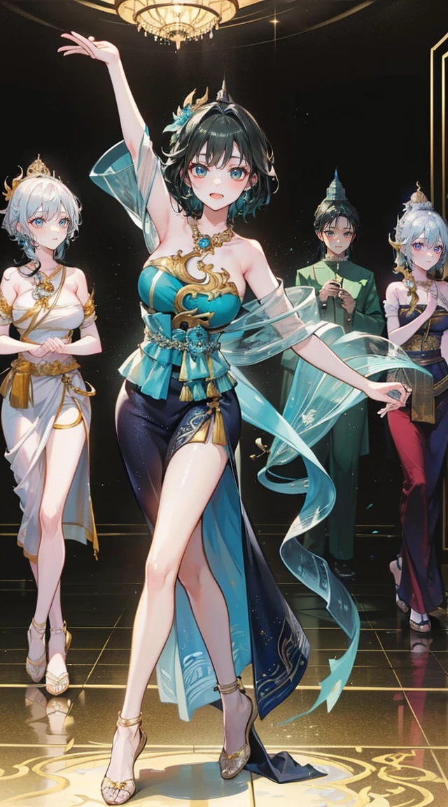 (2 young women ,beautiful woman)，smile，(light green short hair)，nobility，(princess)，blue student，Tall figure，((Strapless Thai dress))，low skirt，(Strapless Thai dressที่ไม่ทีสาย)，ta skirt，Show your legs，Barefoot，red carpet，prom website，(nobility)，(big tits),(Various poses),Highest quality、Highest picture quality、Masterpiece,, ,(((Umbilical drive,dance,dance,Thai dance)))