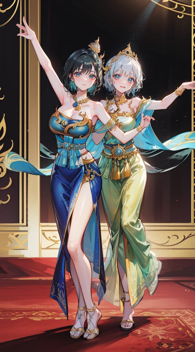 (2 young women ,beautiful woman)，smile，(light green short hair)，nobility，(princess)，blue student，Tall figure，((Strapless Thai dress))，low skirt，(Strapless Thai dressที่ไม่ทีสาย)，lolita skirt，Show your legs，Barefoot，red carpet，prom website，(nobility)，(big tits),(Various poses),Highest quality、Highest picture quality、Masterpiece,, ,(((Umbilical drive,dance,dance,Thai dance)))