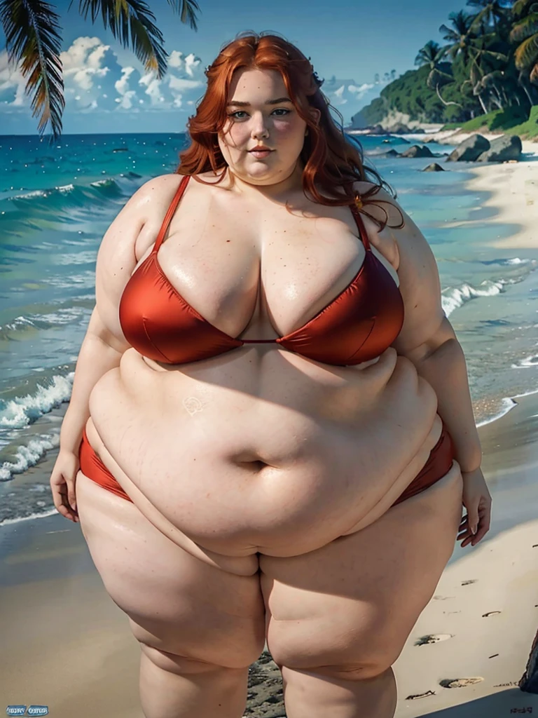 The most beautiful very obese young obese ussbbw fat redhead woman with long rich curly natural ginger hair, natural beautiful cute face, blue eyes, freckles on face and body, busty obese ussbbw fat feminine body, huge fat obese bloated soft belly, very wide hips and large fat booty, fat arms, thicc fat wide obese legs in a beautiful tight red bikini on a beach