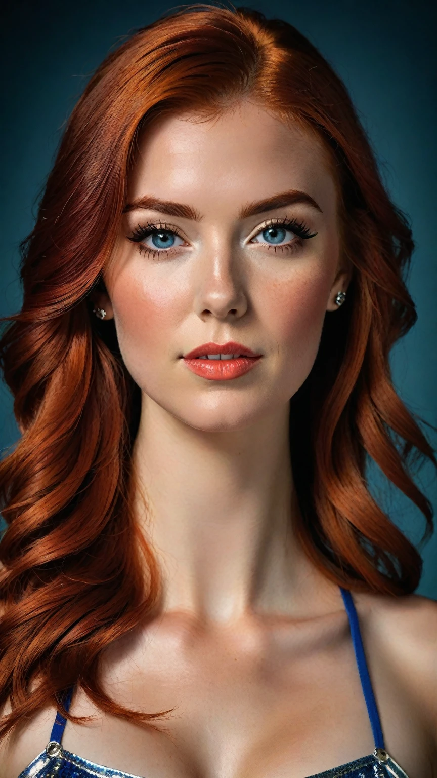 a beautiful young woman, Mandy Lee, the lead singer of the pop group MisterWives, with a wide face, fiery red hair, freckled skin, a flat broad nose, breasts of ideal form, a flat toned stomach with a navel, (best quality,4k,8k,highres,masterpiece:1.2),ultra-detailed,(realistic,photorealistic,photo-realistic:1.37),portrait,pop art,vibrant colors,warm lighting,intricate details