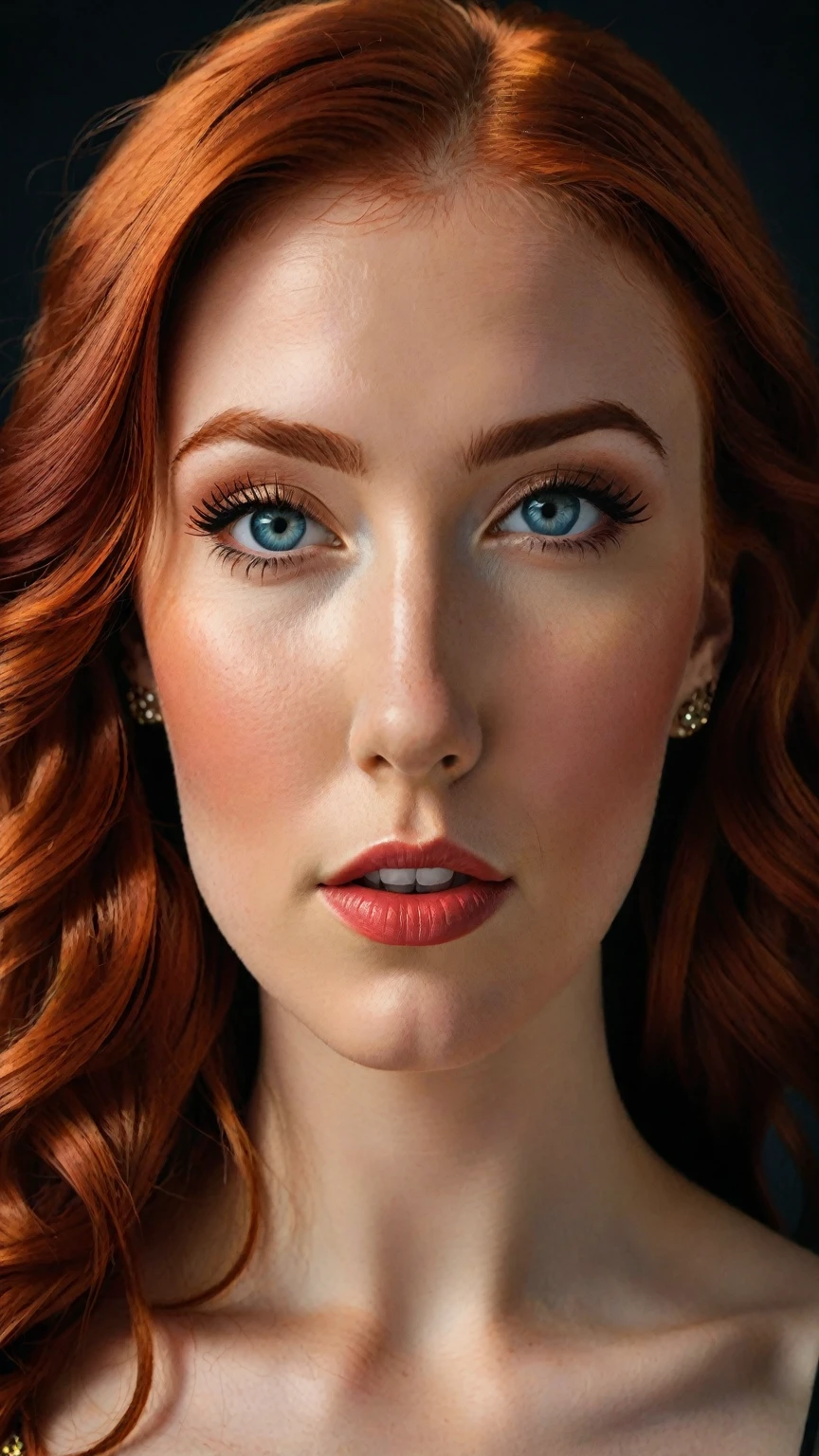 a beautiful young woman, Mandy Lee, the lead singer of the pop group MisterWives, with a wide face, fiery red hair, freckled skin, a flat broad nose, breasts of ideal form, a flat toned stomach with a navel, (best quality,4k,8k,highres,masterpiece:1.2),ultra-detailed,(realistic,photorealistic,photo-realistic:1.37),portrait,pop art,vibrant colors,warm lighting,intricate details