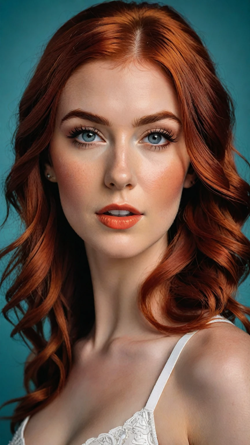 a beautiful young woman, Mandy Lee, the lead singer of the pop group MisterWives, with a wide face, fiery red hair, freckled skin, a flat broad nose, breasts of ideal form, a flat toned stomach with a navel, (best quality,4k,8k,highres,masterpiece:1.2),ultra-detailed,(realistic,photorealistic,photo-realistic:1.37),portrait,pop art,vibrant colors,warm lighting,intricate details