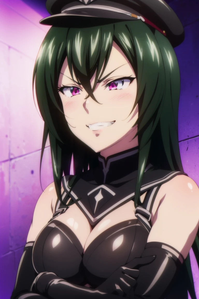 (((grinning lasciviously))), seductive anime girl, (((nefarious smirk))), [[[[grinning evily]]]], beautiful, masterpiece, ultra detailed, extremely detailed, ultra high res, 8k, beautiful detailed face, anime screencap, heart shaped face woman, (black hair:1.2), long hair, hair between eyes, large breasts, fearless face, sharp face, slant eyes, cat eyes, 170cm tall, (((adult))), perfect proportion, (((black high-leg leotard))), (((dare shoulder))), cleavage, (((thigh boots))), choker, (((military cap))), anime style, ultra detailed beautiful face and eyes, front view, raw phot, incredibly absurdres, Beautiful portrait of cute anime girls, super fine illustration, full-hd, hdr, best aesthetic, distinct, exquisite, masterwork, by famous artist, highers, (((perfect anatomy))), mocking, (((rape face))), (((evil grin))), intense eyes, sadistic, gleaming skin, oil skin, slut face, (((full-face blush))), smirking, mischievous grin, furrowed mouth, both legs, pouty lips, downturned corners, rosy hue, grin widely, cheeky smirk, (((bad-tempered glare))), gloating, crazy smile, scary face, cruel smile, fang, connected teeth,, (((elbow gloves))), (((big connected teeth)), glare, grimace, smirk, (((scowling face))), smile broadly, symmetrical eyes, even eyes, perfect eyes, (((squinting eyes))), deep detailed eyes, shiny clothes, 1girl, solo, smug, smile grimly, (((dimpled smile))), pink eyes, (((upper body shot))), (((laugh))), (((pleasure face))), (((brutality face))), (((scary face))), (((empty eyes))), anime best girl, [[[[grinning evily]]]], anime moe artstyle,