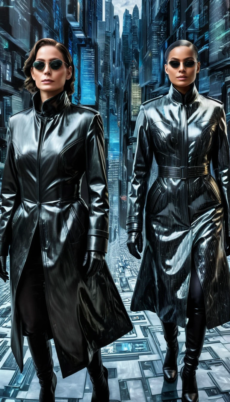 (On a sheet of paper placed on a large desk, Drawing large 4D figurines in stunning and breathtaking uhd ink style), holographic effect that comes out vertically from the drawing sheet, Trinity, two sublime women in high detailed Black trench coat, matrix style, futuristic city center,  fully detailed, high quality, high resolution, proportions parfaites, masterpiece, hyperRéaliste, masterpiece, superior quality, high resolution, Extremely detailed faces, highly detailed 8K wallpaper, détails fractales