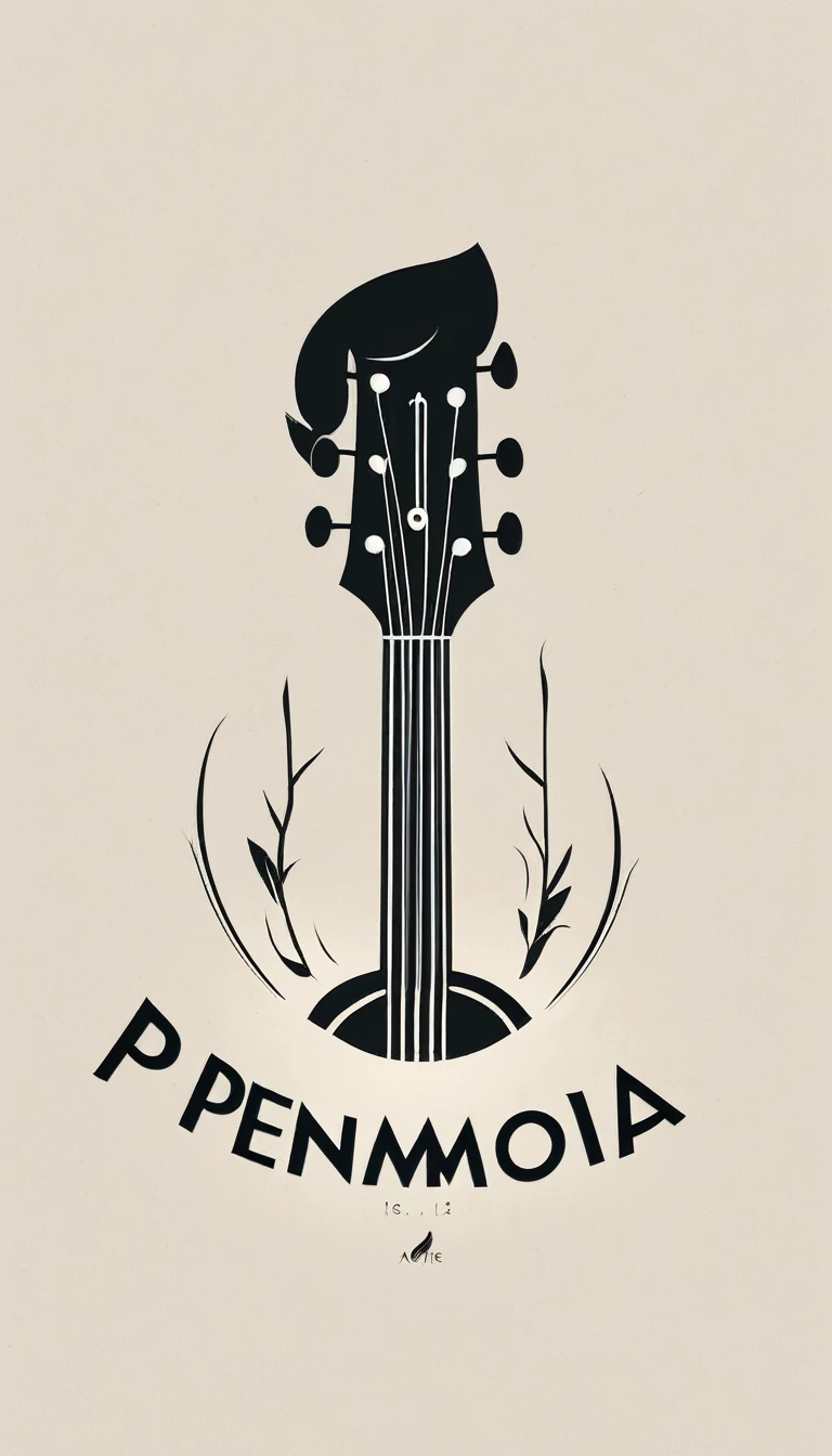 A minimal, modern, simple, cinematic logotype for the brand “Penamemoria". The logotype must be a simple, magical feather and a boy playing acoustic guitar. The logo must convey a sense of music, stories and dreams. Logo design impressed on a book cover. Minimalistic logo