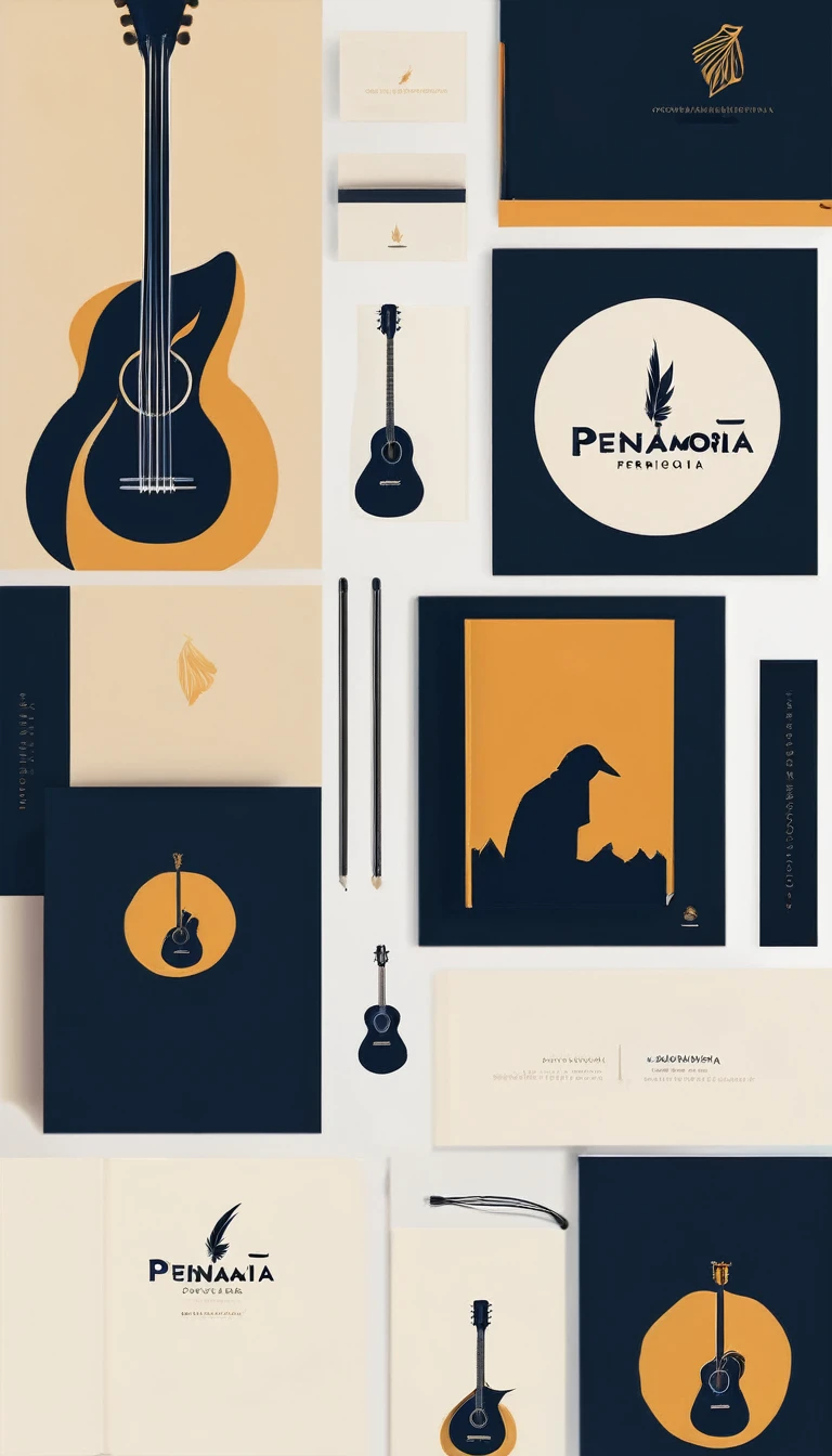 A minimal, modern, simple, cinematic logotype for the brand “Penamemoria". The logotype must be a simple, magical feather and a boy playing acoustic guitar. The logo must convey a sense of music, stories and dreams. Logo design impressed on a book cover. Minimalistic logo
