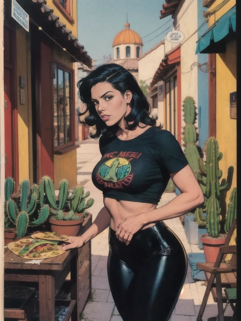 Sexy Mexican girl, teenager, wearing leopard print tights, sheer black t-shirt, outside, in front of cantina, Mexican border town, tacos, Tecate Beer, beans, rice, avocados, sour cream dripping all over her fingers, cactus, scorpion, Spanish guitars, big blue sky, very erotic, by Frazetta, by Brian Bolland, by Oscar Bazaldúa, by Rafael Gallur, by Elmer Batters, by Eric Kroll, lurid vivid colors, soft cinematic lighting, retro, vintage, HD, 8x, intricate details, fun and fiesta like, Mexican fumetti, comic book aesthetic