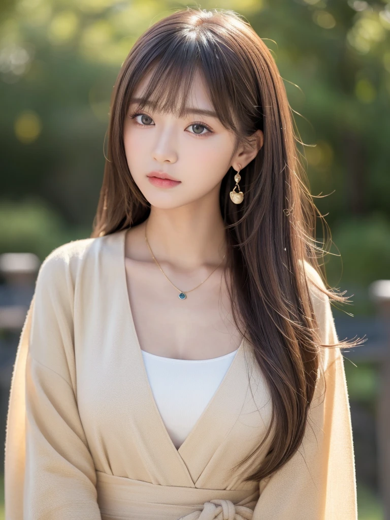 ((Highest quality, 8K, masterpiece:1.3)), concentrate: 1.2, Perfect body beauty: 1.4, Hips: 1.2, ((Long Hair, chest: 1.2)), (Dry clothes: 1.1) , (clear, Simple Background:1.3), Simple clothes: 1.1, Highly detailed face and skin texture,Delicate eyes, double eyelid, Whitened skin, Rough skin、Long Hair、Earrings with bangs、necklace、 solo、Beige coat、White shirt, (((Beautiful girl with cute Japan)))、 ((Beautiful Japanese girl 20 years old))、 ((Baby Face))、 (((Slender body)))、 Upper Body,Face focus、necklace,Simple Background,From above, Realistic Hair、 A photograph was taken:Canon EOS R6、135mm、1/1250 seconds、f2.8、ISO400、(Detailed explanation of the hand)、(Masseter muscle area)、(Exquisite CG)、Long Hair, loose and curly hair、Korean Hair、Long Hair明るいベージュ色、グラデーションハイライトグレージュのゆるふわLong Hairスタイル、