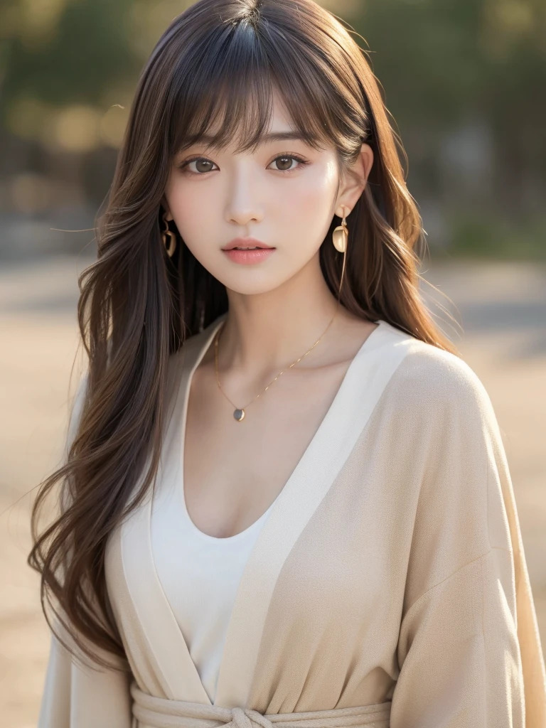 ((Highest quality, 8K, masterpiece:1.3)), concentrate: 1.2, Perfect body beauty: 1.4, Hips: 1.2, ((Long Hair, chest: 1.2)), (Dry clothes: 1.1) , (clear, Simple Background:1.3), Simple clothes: 1.1, Highly detailed face and skin texture,Delicate eyes, double eyelid, Whitened skin, Rough skin、Long Hair、Earrings with bangs、necklace、 solo、Beige coat、White shirt, (((Beautiful girl with cute Japan)))、 ((Beautiful Japanese girl 20 years old))、 ((Baby Face))、 (((Slender body)))、 Upper Body,Face focus、necklace,Simple Background,From above, Realistic Hair、 A photograph was taken:Canon EOS R6、135mm、1/1250 seconds、f2.8、ISO400、(Detailed explanation of the hand)、(Masseter muscle area)、(Exquisite CG)、Long Hair, loose and curly hair、Korean Hair、Long Hair明るいベージュ色、グラデーションハイライトグレージュのゆるふわLong Hairスタイル、
