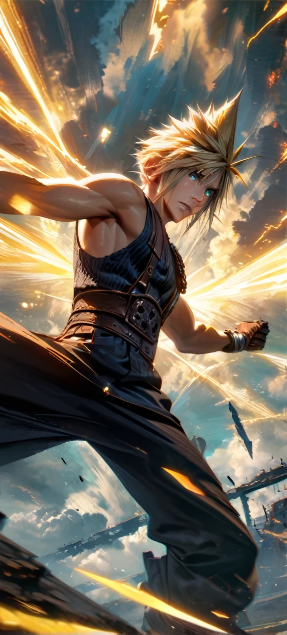 Symetrical,absurdres, highres, ultra detailed, HDR, masterpiece, extremely detailed face and eyes, Cloud Strife,final fantasy 7, yellow hair , , solo, man, handsome, ,, , Epic fight scene, yellow lightning effect, glowing glitters, symetrical