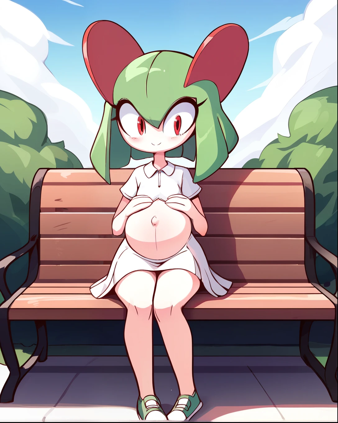 score_9, score_8_up, 1girl, kirlia, happy, full body, outdoors, human proportions, looking at viewer, by diives, pregnant, pregnancy, shy smile, rubor, mirada tranquila, tranquila, sentada, bench, parque, park, manos en el vientre, hands on belly, short skirt, skirt, white skirt, small dress.