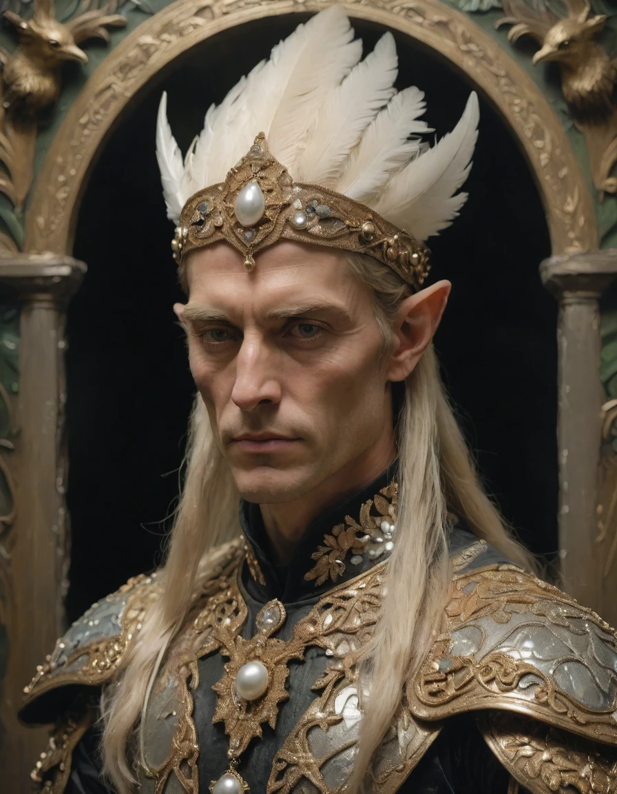 {{Masterpiece, a black and white daguerreotype on old paper}}, (by Moebius, by Théodore Géricault), the composition is: ((((Beautiful Male high elf noble, elf ears, blonde, long hair updo, tan skin, chiseled face, cruel, sadistic, arrogant, villain. Wearing armor made of feathers and holographic fabric, with sequin elements, pendants of prayer beads and pearls, bird symbology, star symbology. Jungle, art nouveau background))))