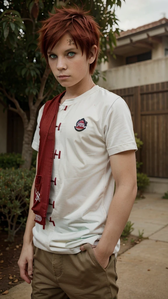 Create a -old boy Messy short red hair, green eyes and a peanut-shaped object on his back, appearance of Gaara from Naruto