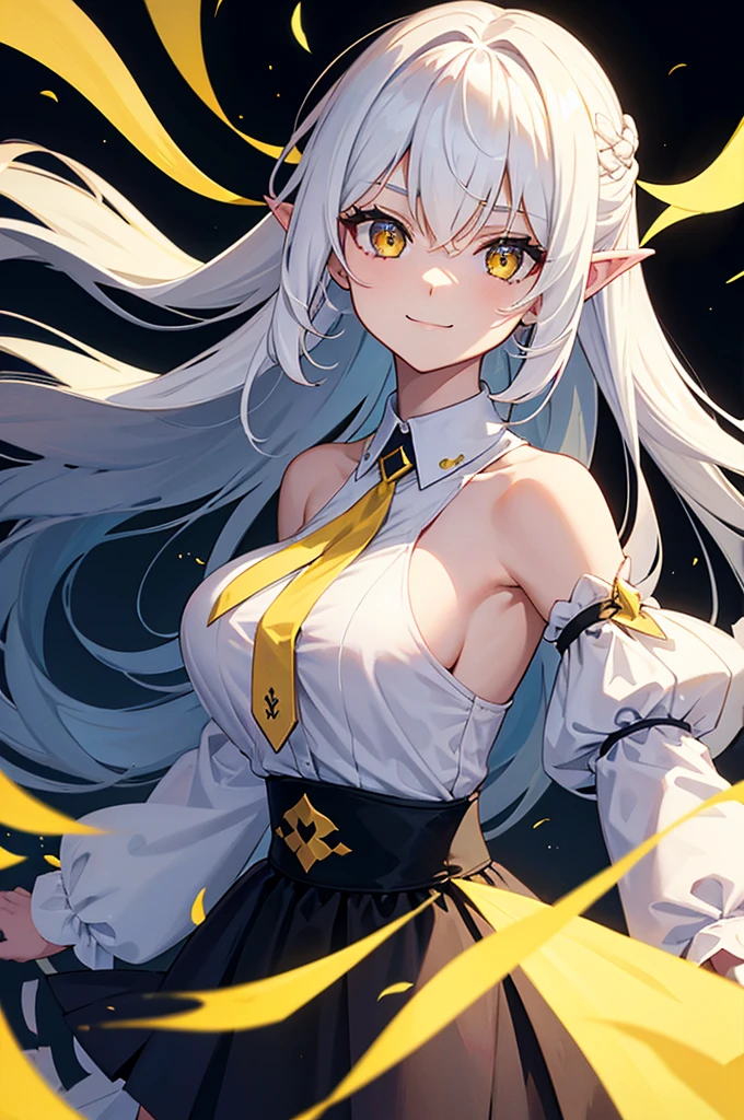1 girl, One, flowing long hair, yellow eyes, White hair, bare shoulders, skirt, breast, cut off sleeves, long sleeves, hair flaps, closed mouth, black skirt, shirt, pointed ears, smile, большая breast и ляжки с чулками