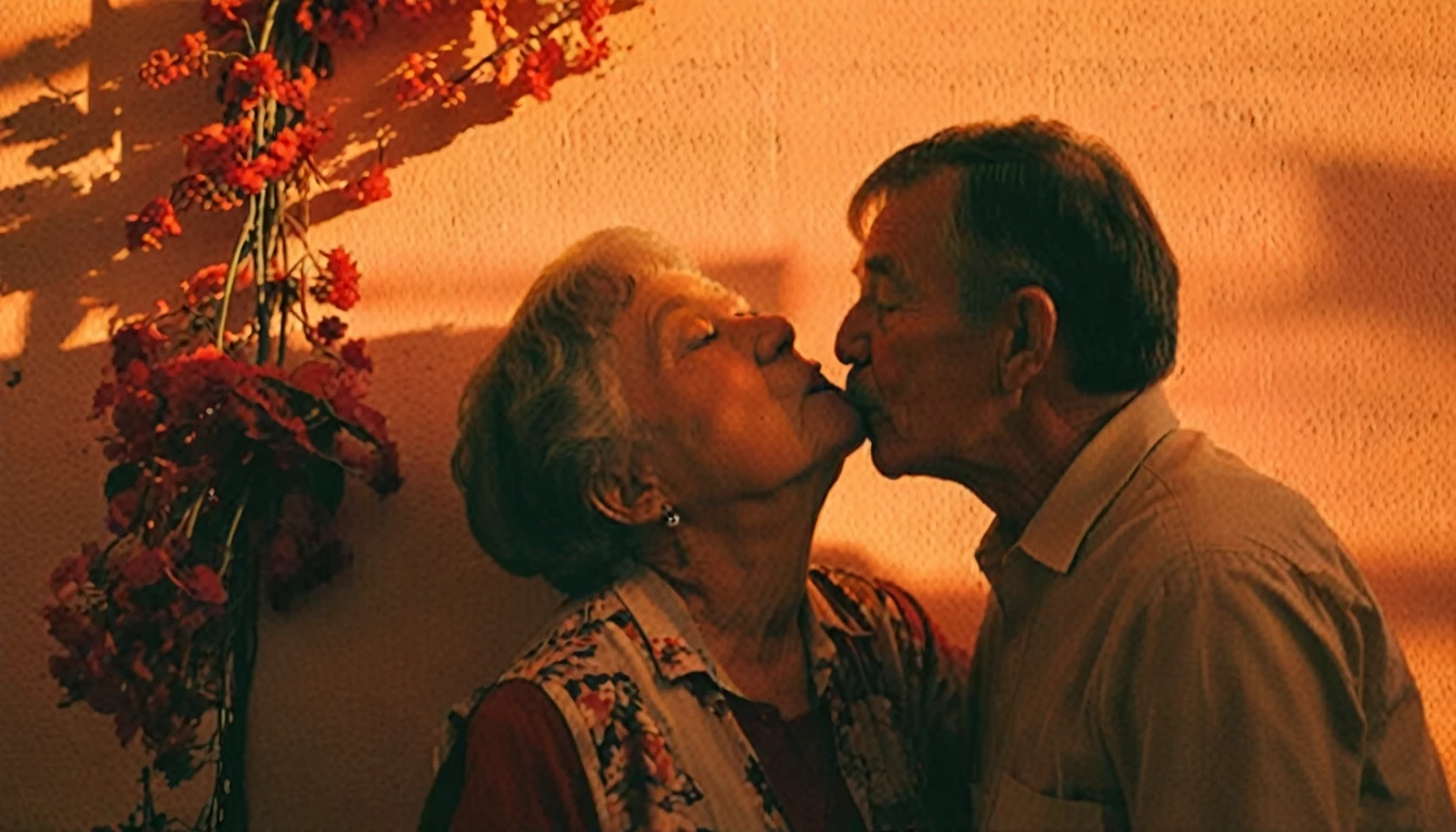 Cinematography style, cinematography, include wide negative space to the left of the subjects, a grandpa is kissing a grandma , shadow on the wall, The outline of vines and flowers, The red sunset glow., muted colors, high detail