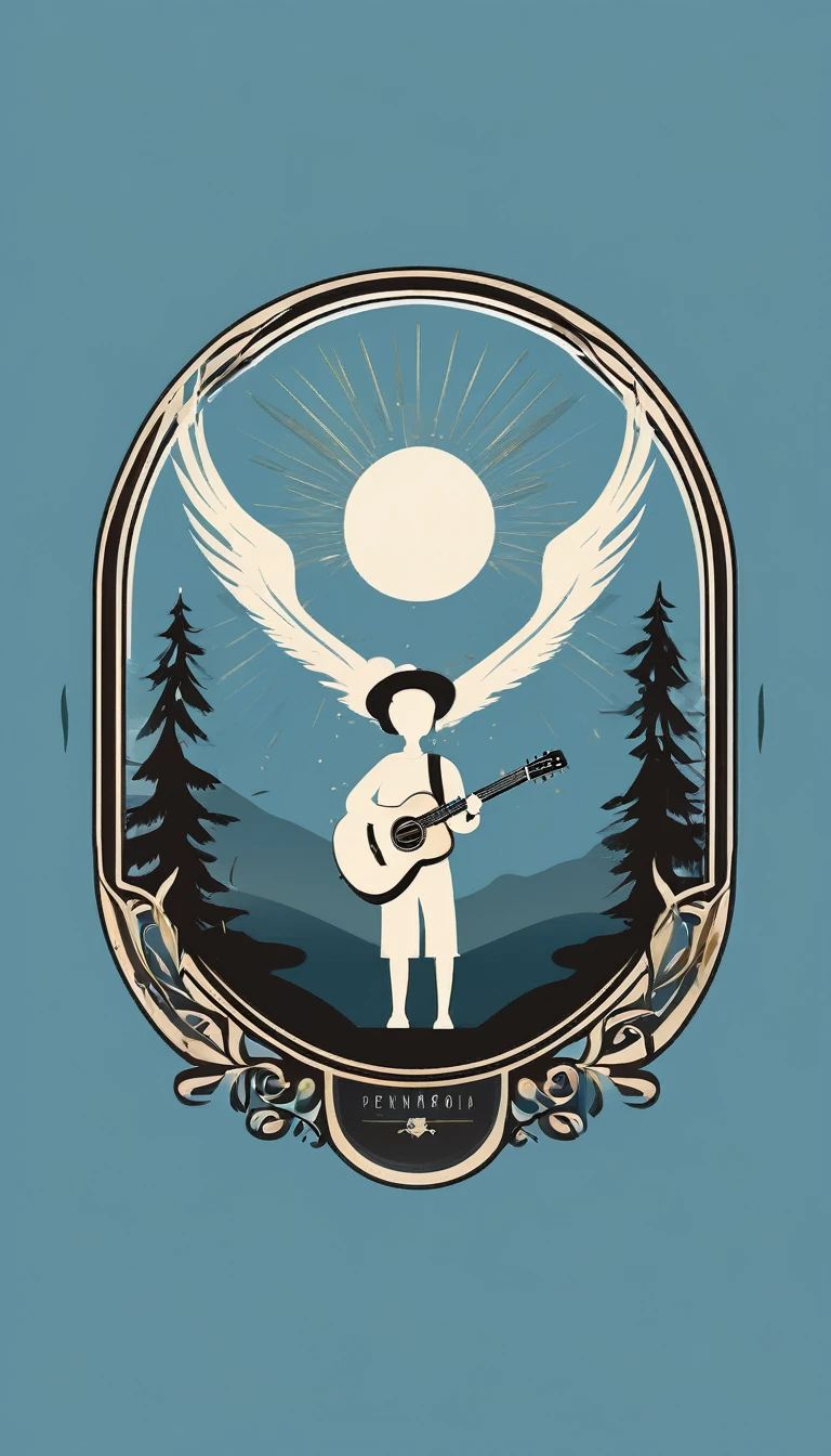 A minimal, modern, simple, cinematic logo design for the brand “Penamemoria". The logo design must be a simple, silhouette of a boy, standing up, playing acoustic guitar and fantasy feather by his side. The logo must convey a sense of music, stories, memories and dreams. Logo design impressed on a book cover. Minimalistic logo. Light blue, white and soft golden as colors for the logo design