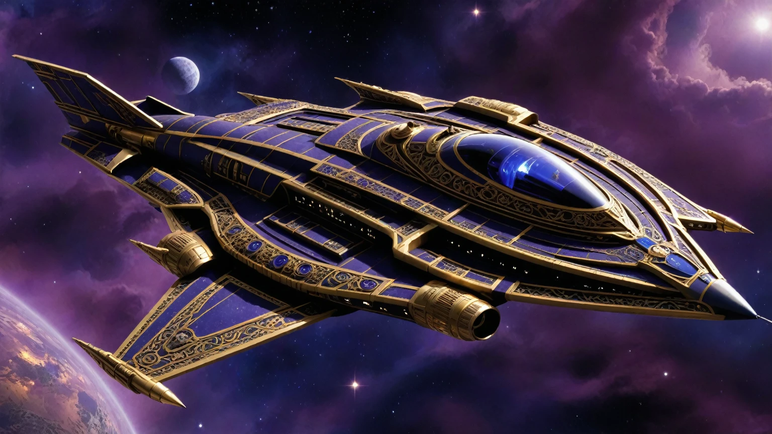 Prompt: Babylon 5's Minbari cruiser: A regal, ornate spacecraft with an elongated, aerodynamic design featuring intricate scrollwork and gold accents, set against a backdrop of swirling purple clouds and gleaming stars, with a prominent command center window showcasing the captain's bridge.