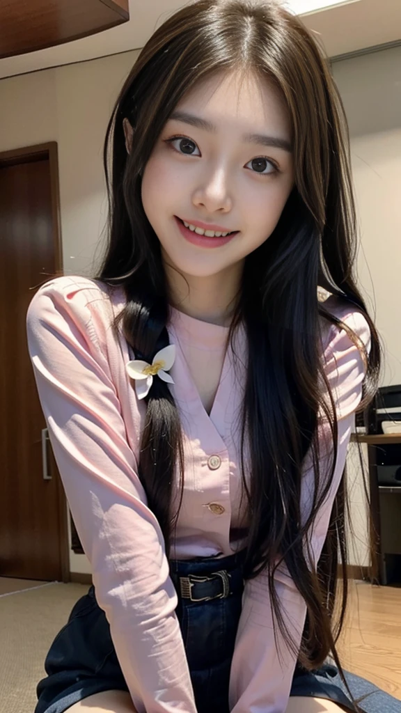 Raw photo、Ultra-realistic、Ultra detailed face、Detail lips、Detailed eyes、High school girl smiling showing her teeth、Long Hair:1.1、chest、Visible curves、Laughing with your mouth open 、Tokyo city角、 Whole body、( Slender body)、(Long Hair)、Big Breasts、Idol、(pastel colour)、18-year-old、Small face、Braid、 Tokyo city、Long beautiful legs 1.2、Curved waist、flower、uniform、blouse、Wide forehead