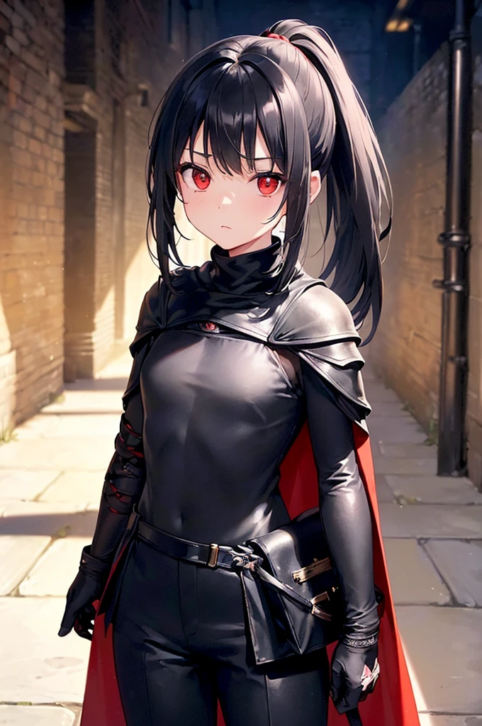 (masterpiece; best quality: 1.2), (finely detailed eyes: 1.3), ((10 year old female kid)), ((solo)), (red eyes: 1.4), (body; short, slender: 1.3), (black hair in ponytail: 1.3), (beautiful and clear background: 1.2), ((depth of field)), (clothes: assassin attire + black turtleneck + black pants + short black shoulder-cape + black gloves + light armor + satchel: 1.3), (anime illustration: 1.2), (background; medieval alleyway: 1.1), (extremely fine and beautiful: 1.1), (shot composition; standing + centered on torso + close-up: 1.5), (expression; calm, stoic: 1.2)