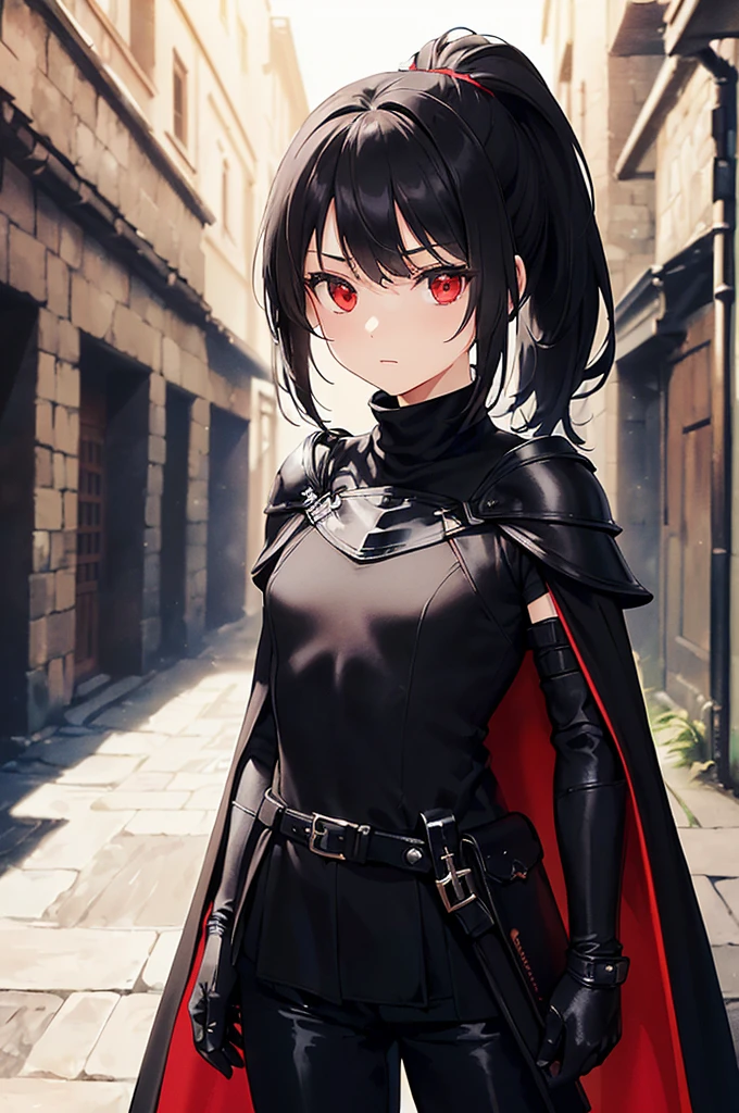 (masterpiece; best quality: 1.2), (finely detailed eyes: 1.3), ((10 year old female ???)), ((solo)), (red eyes: 1.4), (body; short, slender: 1.3), (black hair in ponytail: 1.3), (beautiful and clear background: 1.2), ((depth of field)), (clothes: assassin attire + black turtleneck + black pants + short black shoulder-cape + black gloves + light armor + satchel: 1.3), (anime illustration: 1.2), (background; medieval alleyway: 1.1), (extremely fine and beautiful: 1.1), (shot composition; standing + centered on torso + close-up: 1.5), (expression; calm, stoic: 1.2)