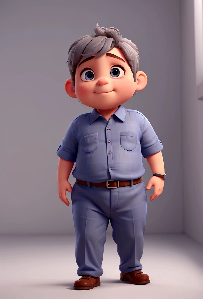 man, very short hair, a little gray, a little fat, with a blue dress shirt