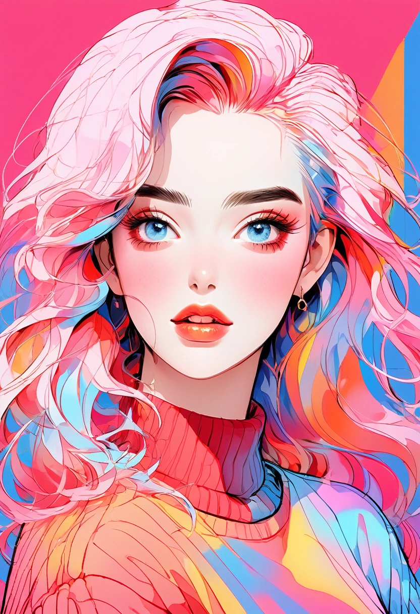 anime ,Realistic ,sketch , 1 Girl, Shining blue eyes,Glossy Lips, sweater,Collared shirt、order, Red gradient background, Neon Hair,textured crop, , (masterpiece,Highest quality,Rainbow Style)