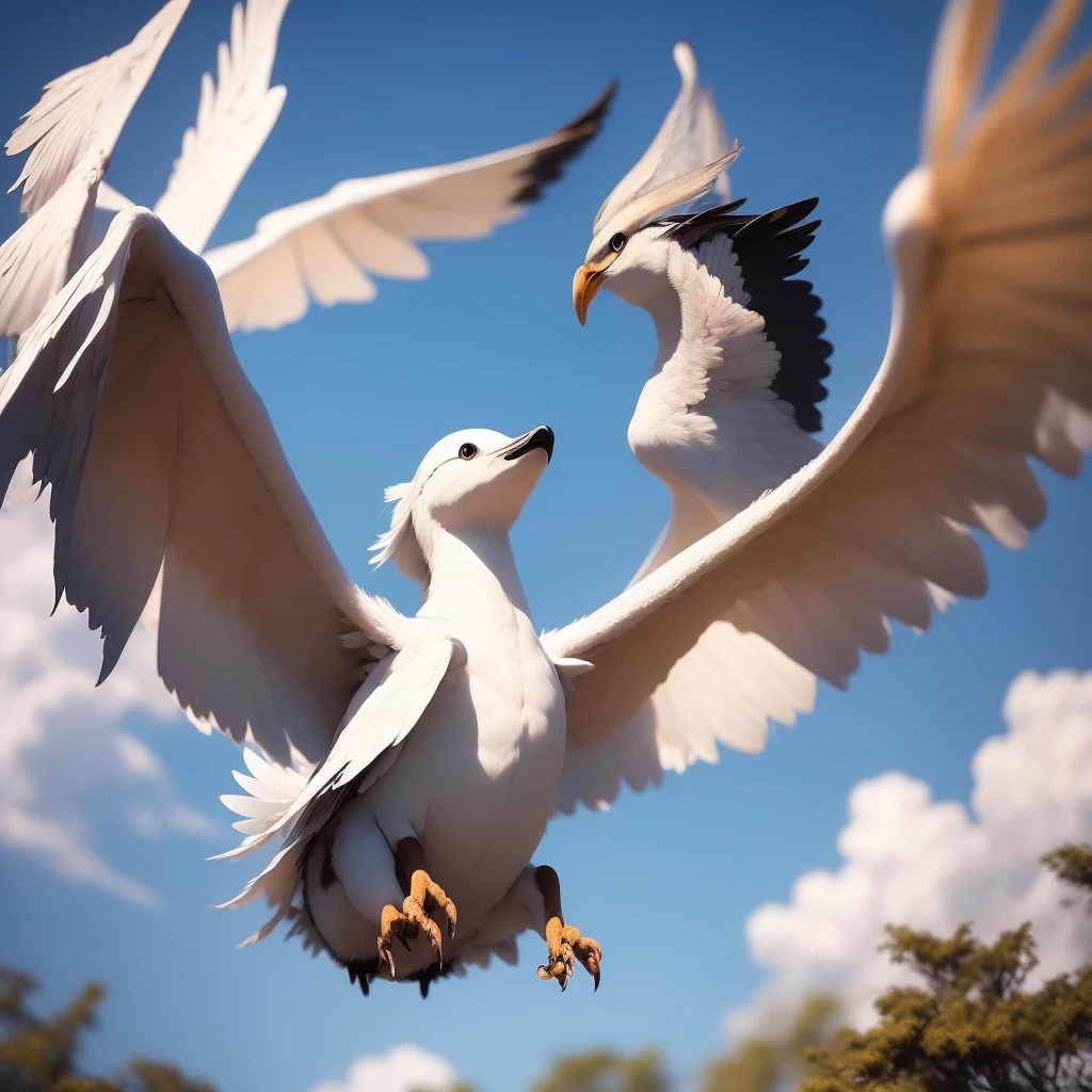 (high quality).(masterpiece)、(Loyal)Girl flying in the sky、has white wings、Big Breasts、blue sky、Big white wings